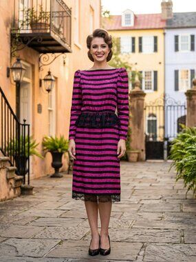 Vintage 1980s Fuchsia Black Silk Dress, 80s Striped Polka Dot Lace Peplum Party